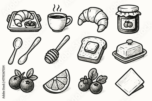 Icons honey breakfast napkin slice toast vector cup tray croissant icon fruit