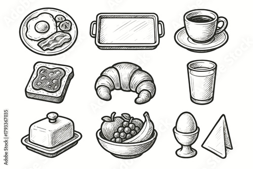 Breakfast tray set fruit cup icons sunny egg vector boiled toast icon
