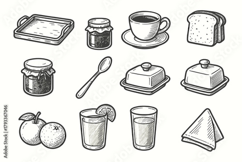 Toast comfort butter set vector orange jam icons breakfast tray icon spoon