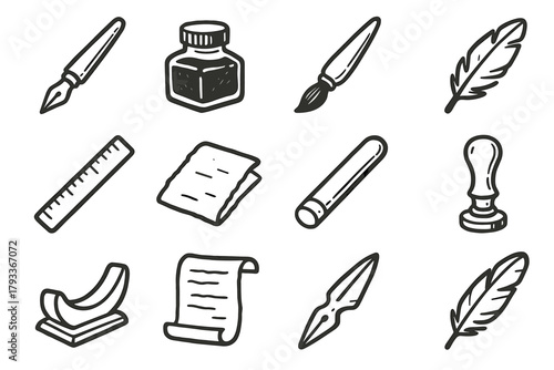 Icon tools classic nib rest wax parchment vector blotting icons calligraphy feather
