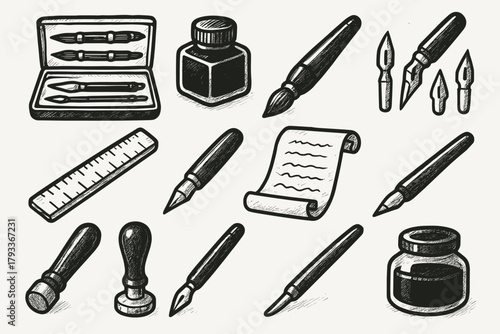 Parchment sponge vector tools pen calligraphy stamp icons brush ink ruler icon