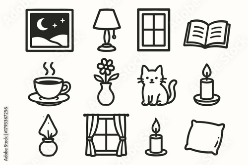 Curtains window evening small icons cozy steaming cup book icon vector flower