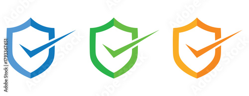 Security Shield Icons with Check Marks for Protection and Verified Safety, Cybersecurity and Data Guarantee Symbols