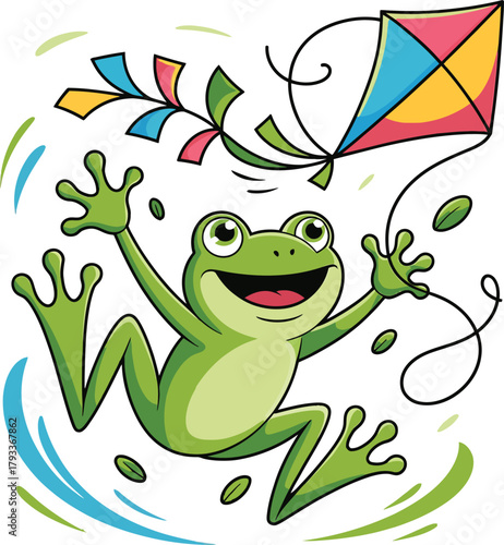 Joyful cartoon green frog with outstretched arms happily jumping and playing with a colorful diamond shaped kite flying high in the sky isolated on transparent background
