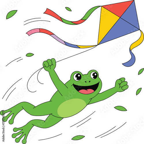 Joyful cartoon frog with wide smile and outstretched arms happily flying a colorful diamond kite with long streamers in the wind isolated on transparent background