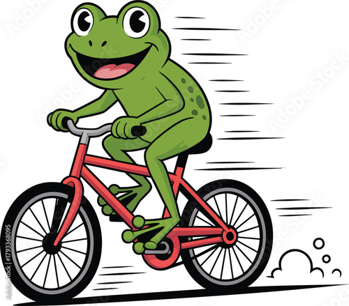 Joyful cartoon green frog happily riding a red bicycle with motion lines indicating speed and a puff of dust from the wheels isolated on transparent background
