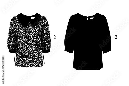 Four black and white blouse designs with varying collars and sleeve styles on a white background
