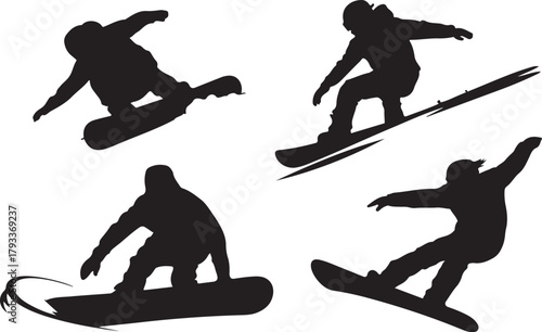 Four Snowboarder Silhouettes in Action Poses snowboarding