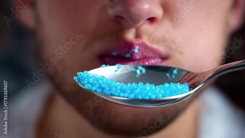 Extreme Macro Cyan Crystalline Powder Consumption Spoon Scientific Documentation