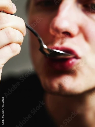 Futuristic Cyan Food Additive Granules Eaten Spoon Conceptual Scene