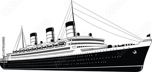 Black and white illustration of a large passenger ship, ship, boat, ocean liner, cruise ship, vessel, transport, travel, nautical, maritime, sea, water, journey, vacation, leisure, black and white, il