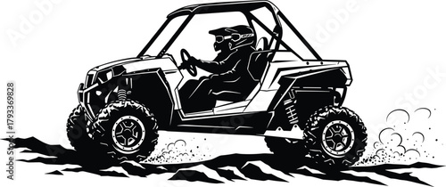 Black and white illustration of a person driving a side by side A T V, side by side, atv, utv, all terrain vehicle, off road, driving, person, helmet, goggles, steering wheel, vehicle, transportation,