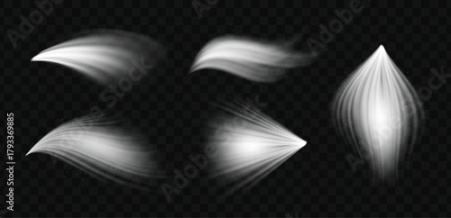 Fresh white air flow and wind effect with clean cold light waves and glowing lines on a black background. 