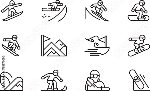 Snowboarding Icons Set With Various Actions And Elements