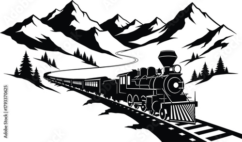 Black and white silhouette of a steam train traveling through mountains, steam train, locomotive, railroad, railway, mountain, mountains, landscape, silhouette, black and white, vintage, retro, travel