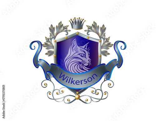 Heraldic Crest with Cat Motif: A regal heraldic crest featuring a stylized cat profile within a shield, adorned with a crown and decorative embellishments, creating a symbol of elegance and heritage.