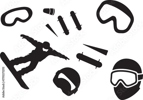 Snowboarding Action and Gear Silhouette Collection