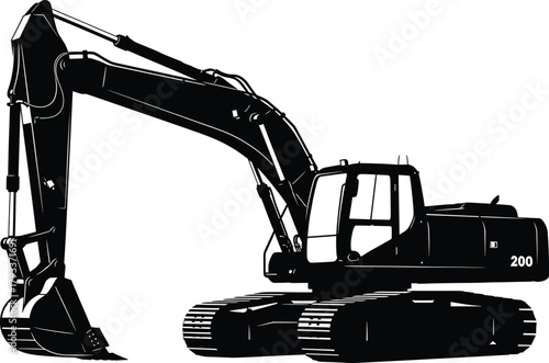 Black excavator with number 200 on white background, excavator, digger, construction, heavy machinery, industrial, vehicle, machine, earthmover, crawler, tracks, bucket, arm, boom, cab, hydraulic, bla
