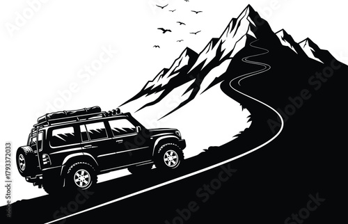 Black off road vehicle climbing winding mountain road with birds, off road vehicle, 4x4, suv, mountain, road, winding, climbing, journey, adventure, travel, exploration, nature, landscape, birds, floc