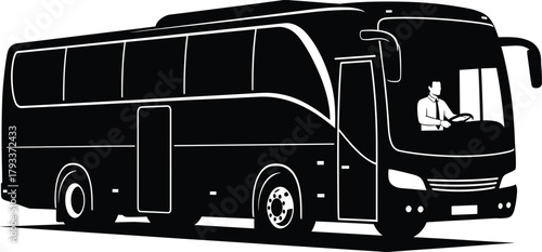 Black silhouette of a bus with a driver coach vehicle, bus, coach, vehicle, transportation, travel, driver, man, steering wheel, silhouette, black and white, graphic, illustration, transport, journey,