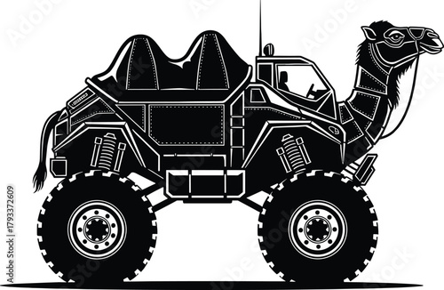 Black silhouette of a camel truck with large wheels, camel, truck, vehicle, transportation, silhouette, black and white, off road, monster truck, desert, travel, adventure, futuristic, hybrid, animal,