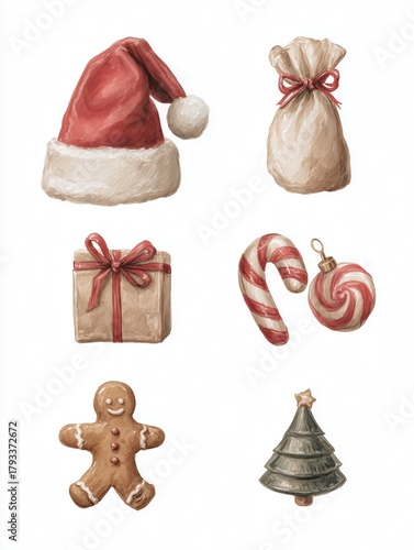 Set of 6 gouache Christmas illustrations: Santa hat, reindeer, gift, gingerbread man, candy cane, ornament, muted tones on white background