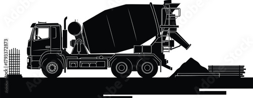 Black silhouette of a concrete mixer truck at a construction site, concrete mixer truck, truck, construction, building, industry, heavy machinery, vehicle, transport, silhouette, black and white, indu