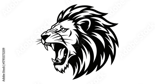 Fierce lion head illustration with stylized mane and sharp teeth design portraying strength