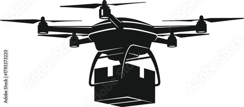 Black silhouette of a drone carrying a package quadcopter, drone, quadcopter, delivery, package, cargo, transport, technology, aerial, unmanned, vehicle, flying, automation, logistics, shipping, futur