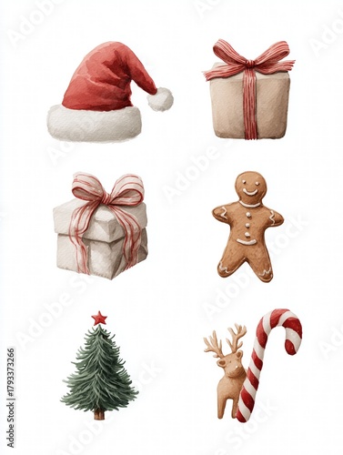 Set of 6 gouache Christmas illustrations: Santa hat, reindeer, gift, gingerbread man, candy cane, ornament, muted tones on white background