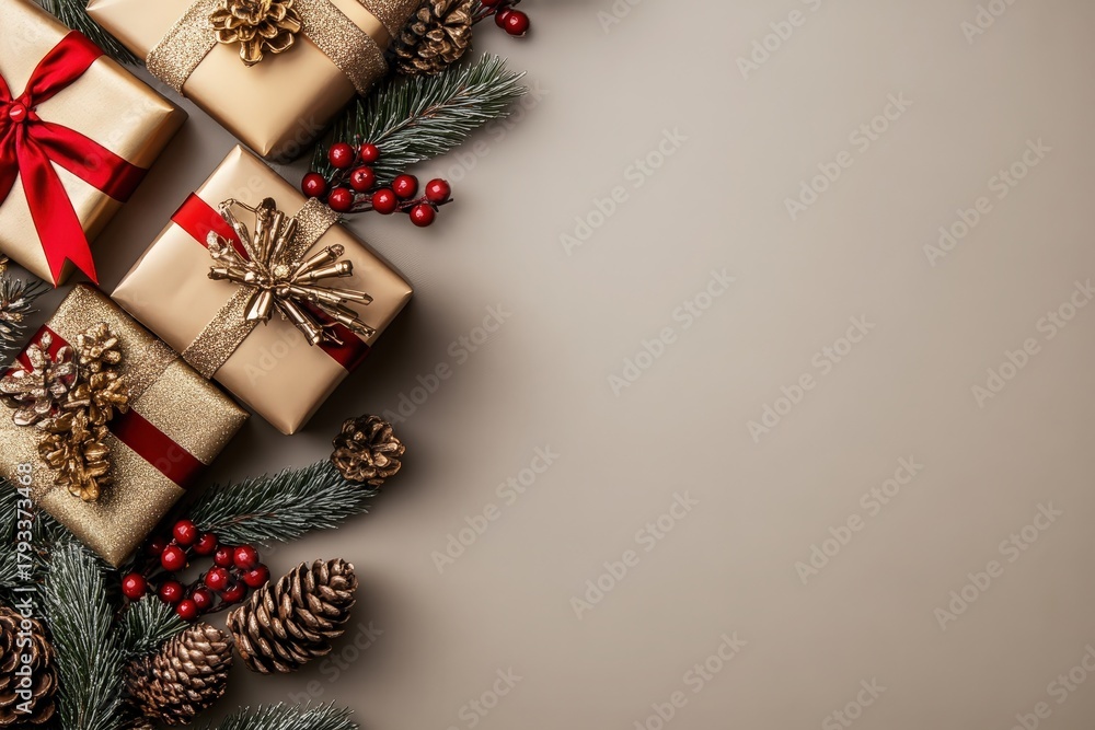 Naklejka premium Multiple festive gift boxes are arranged beside evergreen branches with decorative berries and pinecones