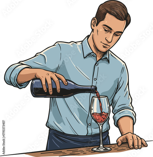 Man pouring red wine into glass in casual shirt at bar counter vector illustration 
