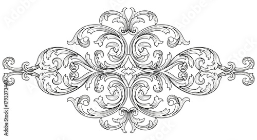 Elaborate vintage floral ornament with swirling leaves and flourishes in black and white, isolated