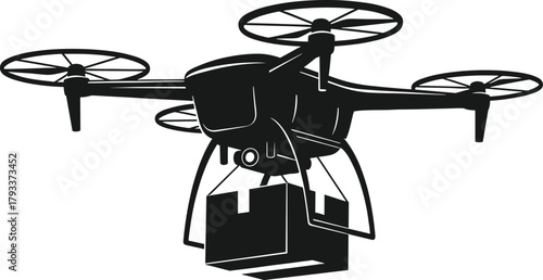 Black silhouette of a drone delivering a package delivery, drone, delivery, package, box, flying, transportation, technology, logistics, aerial, cargo, unmanned, vehicle, automation, service, shipping