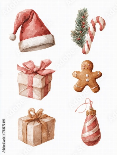 Set of 6 gouache Christmas illustrations: Santa hat, reindeer, gift, gingerbread man, candy cane, ornament, muted tones on white background