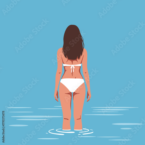 Woman standing in water wearing white bikini with blue sky background summer lifestyle illustration 