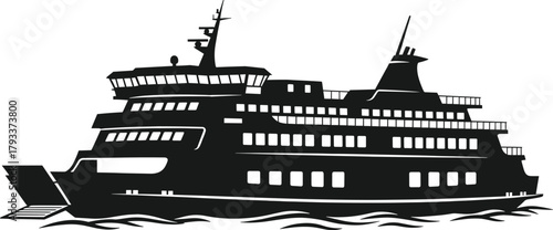 Black silhouette of a large ferry boat on water ship, ferry boat, ship, vessel, water, transportation, travel, nautical, maritime, black and white, silhouette, illustration, graphic, transport, ocean,