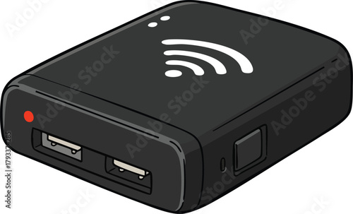 Wireless black power bank charger with dual USB ports and compact design illustration vector