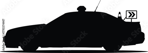 Black silhouette of a police car with siren and sign, police car, silhouette, black, white background, siren, light bar, antenna, traffic sign, directional arrows, vehicle, law enforcement, transporta