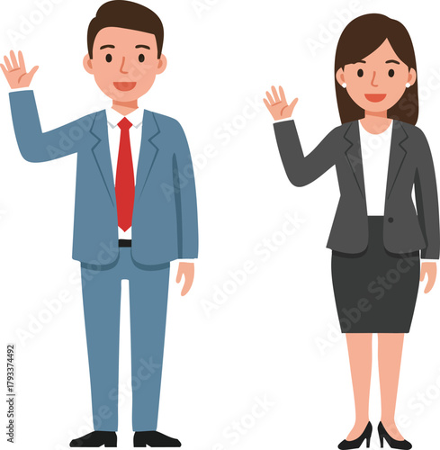 Businessman and businesswoman waving hand in professional attire vector illustration for corporate communication and teamwork concepts 