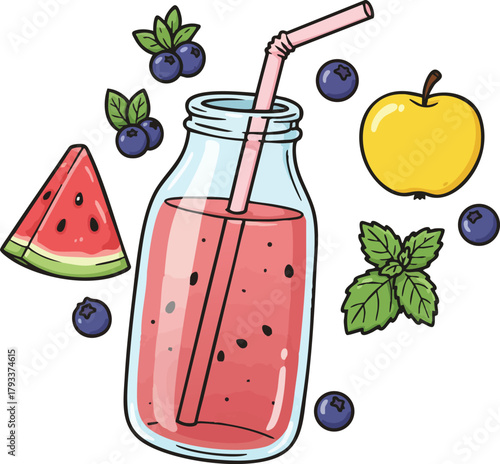 Fruit juice bottle with watermelon, blueberry, yellow apple, and mint leaves illustration for healthy lifestyle and summer refreshment 