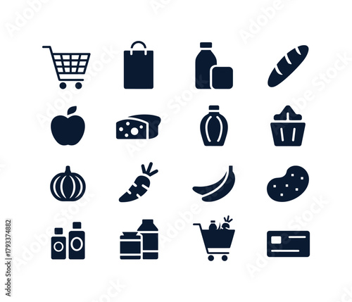 Set of grocery shopping icons featuring food and payment cart, bottle, bread, apple, cheese, banana, potato, carrot, pumpkin.