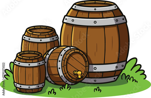 Wooden barrels set with metal bands on green grass illustration for storage and aging liquids vector image 