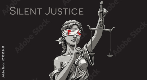 Blind Lady Justice Statue with a Finger Over Bloody Lips and Silent Justice Text