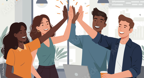 Diverse Group of Young Adults Giving High Five in an Office