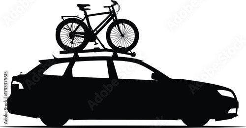 Black silhouette of a station wagon with a bicycle on its roof rack, bicycle, car, station wagon, roof rack, transport, travel, silhouette, black and white, vehicle, transportation, outdoor, adventure