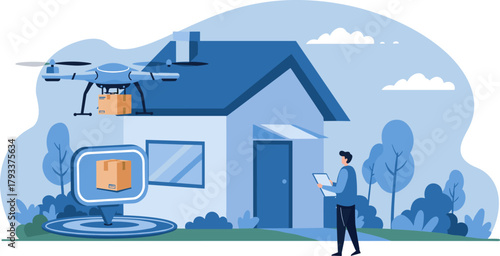Man Overseeing Drone Delivery of Package to Suburban Home