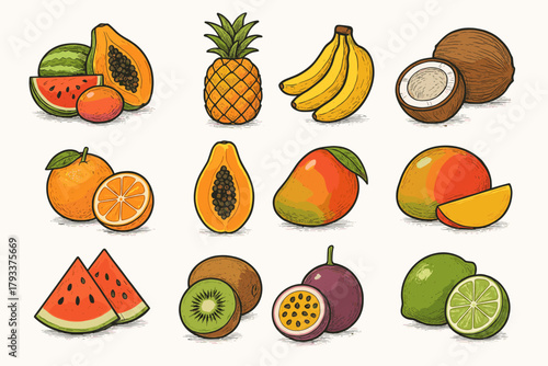 Mango fruit kiwi banana vector coconut papaya market icons pineapple icon orange