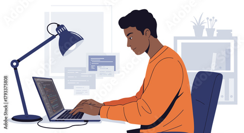 Young Black Male Software Developer Coding on a Laptop