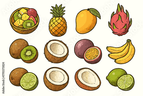 Icons passionfruit fruit lime vector banana exotic pineapple mix icon coconut kiwi
